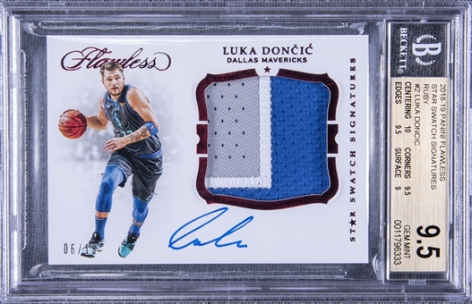 2018/19 Panini Flawless Star Swatch Signatures Ruby #2 Luka Doncic Signed Patch Rookie Card (#06/15) – BGS GEM MINT 9.5/BGS 10